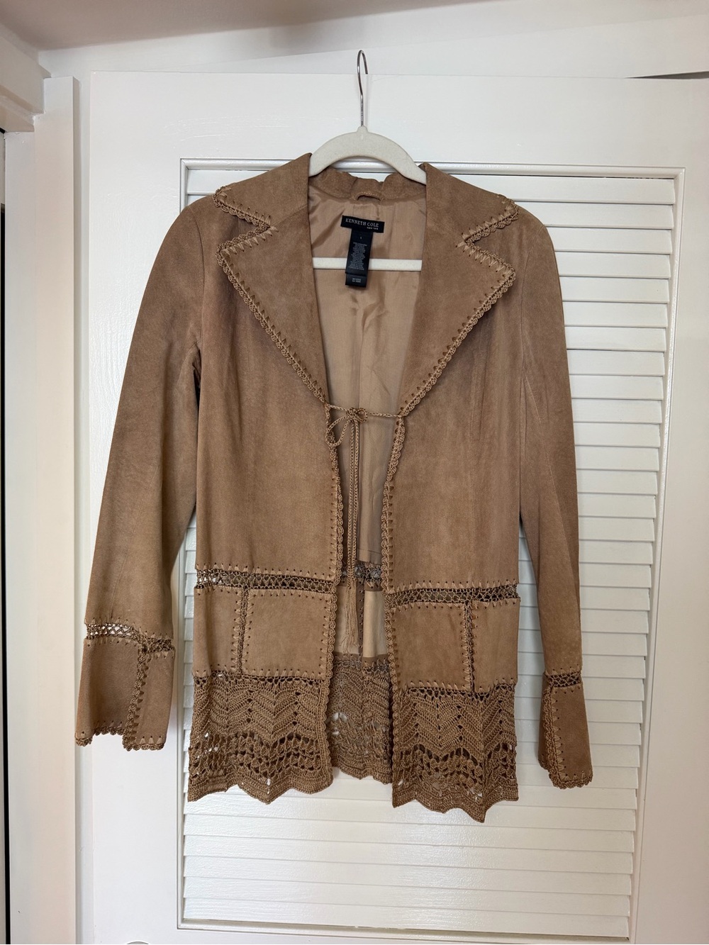 Kenneth Cole Tan Suede Crochet-Trim Leather Jacket